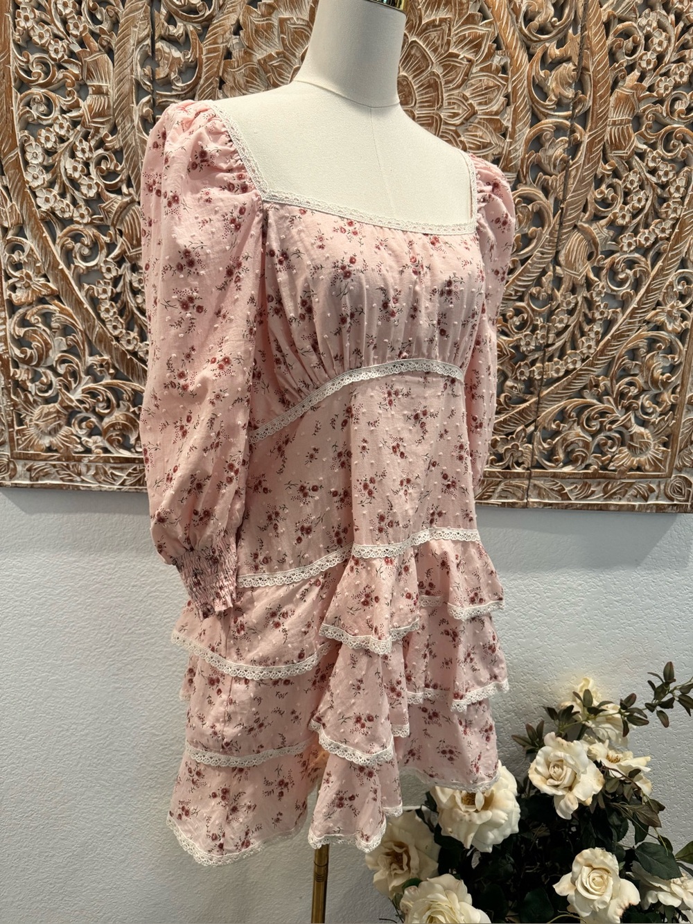 Lulus Lasting Bliss Pink Floral Coquette Ruffled Square Neck Summer Mini Dress - Picture 4 of 16